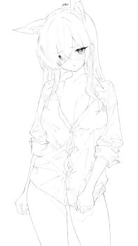 1girl animal_ear_fluff animal_ears blue_archive breasts cleavage closed_mouth cowboy_shot dog_ears extra_ears greyscale highres kanna_(blue_archive) koko_(user_hktv5235) large_breasts long_hair looking_at_viewer monochrome shirt shirt_tug simple_background solo white_background