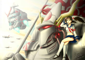 1girl absurdres aircraft airplane artificial_eye black_shoes blue_sailor_collar breasts brown_eyes command_&amp;_conquer command_&amp;_conquer:_red_alert command_&amp;_conquer:_red_alert_3 dated empire_of_the_rising_sun fighter_jet fingernails flagpole floating_hair giga-fortress highres horns japanese_flag king_oni kneehighs long_fingernails long_hair looking_to_the_side mary_janes mecha mecha_tengu mechanical_eye mechanical_hands mechanical_horns midriff mikepaulwhite military military_vehicle navel neckerchief red_nails red_neckerchief rising_sun_flag robot sailor_collar school_uniform serafuku shoes signature sitting sitting_on_mecha sitting_on_object sitting_on_shoulder small_breasts socks sunburst sunlight thighs tube twintails white_serafuku white_socks yellow_horns yuriko_omega
