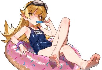 1girl absurdres alternate_costume arm_rest armpits bare_arms bare_legs bare_shoulders barefoot blonde_hair blue_one-piece_swimsuit blush breasts collarbone crossed_legs donut_innertube ear_blush ebora feet flipped_hair food food_in_mouth full_body goggles goggles_on_head grey_nails hair_flaps hand_up highres holding holding_food holding_popsicle innertube knee_up leaning_back loli long_hair looking_at_viewer monogatari_(series) nail_polish name_tag old_school_swimsuit on_innertube one-piece_swimsuit oshino_shinobu partially_shaded_face pointy_ears popsicle popsicle_in_mouth popsicle_stick purple_scrunchie school_swimsuit scrunchie sideways_glance simple_background sitting slit_pupils small_breasts soles solo sweat swept_bangs swim_ring swimsuit toenail_polish toenails toes vampire very_long_hair white_background wrist_scrunchie