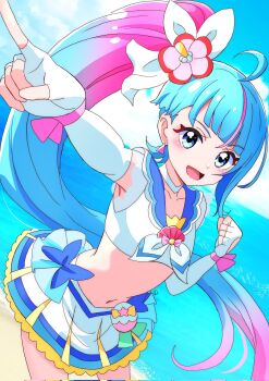 1girl :d ahoge bare_legs beach blue_eyes blue_hair blue_sailor_collar blue_sky blush bow brooch choker clenched_hand cloud collarbone commentary contrapposto cosplay cowboy_shot crop_top cure_sky cure_summer cure_summer_(cosplay) cut_bangs day dutch_angle earrings elbow_gloves fingerless_gloves flower glove_bow gloves gradient_hair hair_flower hair_ornament hibiscus high_side_ponytail highres hirogaru_sky!_precure index_finger_raised jewelry leaning_forward long_hair looking_at_viewer magical_girl midriff momotarouooi multicolored_hair navel ocean open_mouth outdoors outstretched_arm pact_holder pink_bow pink_hair pink_streaks pleated_skirt ponytail pouch precure sailor_collar sand shell_brooch side_ponytail single_sidelock skirt sky smile solo sora_harewataru stomach streaked_hair triangle_earrings tropical-rouge!_precure tropical_pact two-tone_hair very_long_hair white_choker white_gloves white_skirt