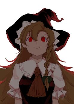 1girl absurdres ascot black_hat black_vest bow braid breasts brown_hair chinese_commentary closed_mouth commentary_request double-parted_bangs fang fang_out frilled_hat frilled_shirt_collar frills green_bow hair_between_eyes hat hat_bow highres kirisame_marisa light_smile long_hair medium_breasts puffy_short_sleeves puffy_sleeves red_ascot red_eyes shirt short_sleeves side_braid simple_background slit_pupils solo touhou upper_body very_long_hair vest wb_yimo white_background white_shirt witch_hat