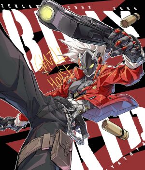 1boy arm_up belt billy_kid black_belt black_pants chain character_name collared_jacket commentary_request copyright_name cowboy_shot cropped_jacket cyborg gun handgun highres holding holding_gun holding_weapon jacket jitaso long_sleeves male_focus open_clothes open_jacket pants popped_collar pouch red_jacket shell_casing sheriff_badge solo thigh_pouch thigh_strap toned toned_male weapon white_hair yellow_eyes zenless_zone_zero