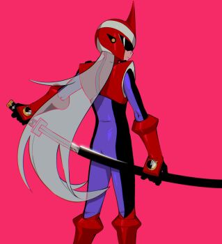 1boy armor assault_visor black_bodysuit bodysuit boots commentary_request cowboy_shot from_behind grey_hair helmet highres holding holding_sword holding_weapon jinsu_exe katana korean_commentary male_focus mega_man_(series) mega_man_battle_network_(series) netnavi pink_background protoman.exe purple_bodysuit red_armor red_boots red_helmet solo standing sword weapon