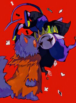 2boys animal_ears barefoot black_footwear black_sclera body_fur button_eyes buttons card cat_ears cat_tail chess_piece clown clown_boy coat colored_sclera colored_skin deltarune demon_tail face-to-face fangs floating floating_object fur-trimmed_coat fur_trim furry furry_male hat heart highres jester jester_boy jester_cap jevil key male_focus multiple_boys neck_ruff no_nose orange_coat pants playing_card pointy_ears purple_fur purple_pants purple_skin red_background seam_(deltarune) simple_background smile spade_(shape) standing tail upside-down utdr_(toby_fox) y_o_u_k_a