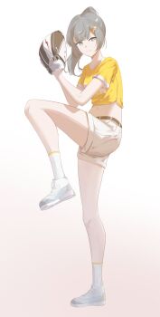 1girl absurdres alternate_costume baseball_glove belt black_belt closed_mouth clothes_writing commentary cropped_shirt english_commentary from_side full_body gradient_background grey_eyes grey_hair hair_ornament highres leg_up medium_hair midriff nanami_(pgr) navel pitching ponytail punishing:_gray_raven shirt shoes short_sleeves shorts smile sneakers socks solo standing standing_on_one_leg star-shaped_pupils star_(symbol) symbol-shaped_pupils turning_head white_background white_shoes white_shorts white_socks yellow_shirt yume_3327