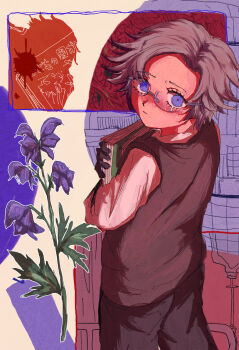 1boy aged_down aotsuki_eito black_sweater_vest book commentary_request cowboy_shot dripping_eye eyelashes flower glasses gloves grey_hair highres holding holding_book koka-ka_metoro looking_at_viewer looking_back male_focus purple_eyes purple_flower shirt short_hair solo sweater_vest the_hundred_line_-last_defense_academy- white_shirt