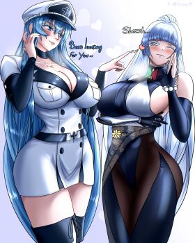 2girls abhaya_mudra absurdres akame_ga_kill! android beads belt black_belt black_choker blue_eyes blue_hair blunt_bangs blush bob_cut bodysuit boots breasts bridal_gauntlets butterfly_ornament chest_tattoo choker cleavage closed_mouth collarbone colored_eyelashes commentary cowboy_shot cross-shaped_buckle embarrassed english_commentary english_text esdeath esdesu17 gloves goddess_of_victory:_nikke half-closed_eye hat high_ponytail highres jewelry large_breasts long_hair mechanical_arms mechanical_hands military military_hat military_uniform motion_lines multicolored_bodysuit multiple_girls nayuta_(nikke) one_eye_closed pantyhose parted_lips peaked_cap ponytail prayer_beads sideboob simple_background single_bridal_gauntlet single_glove single_mechanical_arm single_mechanical_hand smile split-color_clothes straight_hair tattoo thick_eyelashes thick_thighs thigh_boots thighs two-tone_bodysuit unusually_open_eyes very_long_hair white_eyelashes white_hair