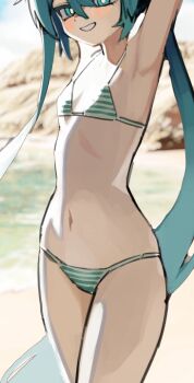 1girl aqua_bikini aqua_eyes aqua_hair arm_up armpits beach bikini commentary day flat_chest hatsune_miku highres long_hair looking_at_viewer mottoyo multicolored_bikini navel outdoors smile solo standing striped_bikini striped_clothes swimsuit two-tone_bikini unfinished vocaloid