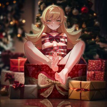 2024 alaniz_(lafertealanis) bare_shoulders barefoot blonde_hair blurry blurry_background breasts christmas christmas_ornaments christmas_tree collarbone feet functionally_nude highres licking_lips loli long_hair looking_at_viewer monogatari_(series) oshino_shinobu small_breasts smile tongue tongue_out yellow_eyes