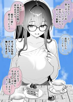 1girl :d absurdres bag blue_background blush breasts cake cake_slice collarbone colored_speech_bubble commentary_request cup food fork glasses greyscale_with_colored_background hair_intakes handbag highres holding holding_fork large_breasts looking_at_viewer ogata_(ogt_illust) open_mouth original saucer short_sleeves single_bare_shoulder single_off_shoulder smile solo speech_bubble steam strawberry_shortcake tea teacup