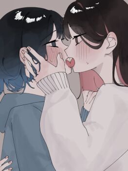 Rule 34 | 2girls, black eyes, black hair, blue hair, blue hoodie, blush, brown background, brown eyes, colored inner hair, commentary request, eye contact, french kiss, gradient hair, highres, hood, hoodie, kiss, looking at another, multicolored hair, multiple girls, negi negi dayo, original, pink hair, simple background, sweat, sweater, tears, tongue, tongue out, white sweater, yuri