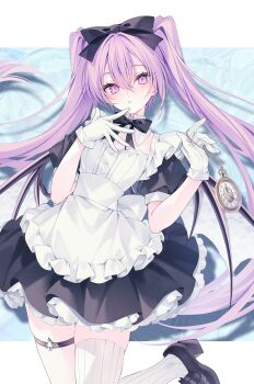 Rule 34 | 1girl, apron, gloves, maid apron, original, pocket watch, purple eyes, purple hair, rurudo, single thighhigh, solo, thigh strap, thighhighs, twintails, watch, white gloves, wings