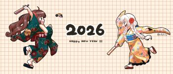 2026 2girls ahoge alternate_costume arm_up black_sandals blue_sash bow bow_print braid brown_eyes brown_hair brown_sandals carnation commentary_request curly_hair english_text face-to-face facepaint facial_mark floating_clothes floral_print flower flower_knot full_body fur_scarf green_kimono grid_background hagoita hair_bun hair_flower hair_ornament hair_over_shoulder hair_tie hane_(hanetsuki) hanetsuki happy_new_year haregi highres holding holding_paddle ink japanese_clothes jewelry kimono lace lace-trimmed_kimono lace_trim leg_up light_blush long_hair long_sleeves looking_at_another magia_record:_mahou_shoujo_madoka_magica_gaiden mahou_shoujo_madoka_magica momoe_nagisa momoe_nagisa_(haregi_costume) multiple_girls new_year obi official_alternate_costume official_style open_mouth paddle pink_bow pink_ribbon playing_games pointy_nose print_kimono red_flower red_sash ribbon ring rioran sandals sash satomi_touka scarf single_side_bun sleeves_past_wrists smile socks tabi twin_braids twitter_username very_long_hair waist_bow waist_ribbon wavy_hair whisker_markings white_hair white_socks wide_sleeves yellow_background yellow_kimono yellow_scarf zouri