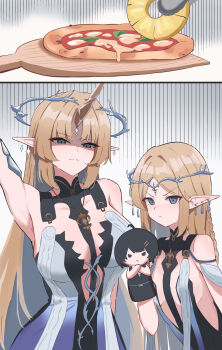 2girls absurdres arm_up armpits bare_shoulders black_collar black_dress blue_eyes blush breasts cartethyia_(wuthering_waves) closed_mouth collar commentary crown_of_thorns dress dual_persona ear_wiggle earrings english_commentary female_rover_(wuthering_waves) fleurdelys_(wuthering_waves) floating_earrings food frown hand_puppet highres horns jewelry large_breasts long_horns margherita_pizza multiple_girls necklace out_of_character partially_shaded_face pineapple_on_pizza pizza pointy_ears puppet rover_(wuthering_waves) sidelocks single_horn small_breasts tabard tacet_mark_(wuthering_waves) v-shaped_eyebrows wesly2300 white_tabard wuthering_waves yellow_horns
