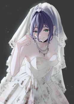 1girl absurdres black_choker blood blood_on_clothes breasts bridal_veil chainsaw_man choker closed_mouth cross cross_necklace dress green_eyes grenade_pin grey_background highres jewelry medium_breasts necklace pearl_necklace purple_hair reze_(chainsaw_man) solo strapless strapless_dress udon_mentai veil wedding_dress white_dress