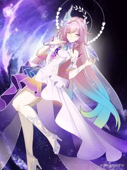 1girl ;) absurdres aqua_hair bare_shoulders breasts chinese_commentary commentary_request cyrene_(honkai:_star_rail) cyrene_(ripples_of_past_reverie)_(honkai:_star_rail) diamond-shaped_pupils diamond_(shape) dress earrings flower gradient_hair hair_flower hair_ornament halo highres honkai:_star_rail honkai_(series) jewelry long_hair looking_at_viewer medium_breasts miyoushe_watermark multicolored_hair one_eye_closed pink_hair pointy_ears purple_eyes qing_xiao_meng_chu smile solo space symbol-shaped_pupils thighs very_long_hair watermark white_dress