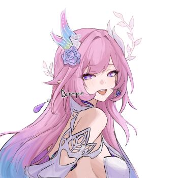 1girl artist_name breasts bunnyoki commentary cyrene_(demiurge)_(honkai:_star_rail) cyrene_(honkai:_star_rail) diamond-shaped_pupils diamond_(shape) earrings english_commentary flower from_side hair_flower hair_ornament highres honkai:_star_rail honkai_(series) jewelry large_breasts long_hair looking_at_viewer pink_hair pointy_ears purple_eyes revision simple_background smile solo symbol-shaped_pupils upper_body very_long_hair white_background