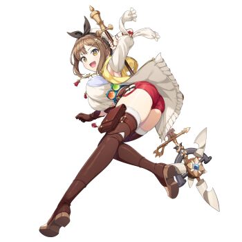 Rule 34 | 1girl, :d, arm behind back, arm up, armpits, ass, atelier (series), atelier ryza, bent over, beret, boots, breasts, brown gloves, brown hair, cosplay, dolphin wave, flask, from behind, full body, game cg, gloves, hat, helly lewis, highres, holding, holding polearm, holding weapon, jacket, jewelry, large breasts, leather, leather belt, leather gloves, looking at viewer, looking back, necklace, non-web source, official art, ootomo takuji, open mouth, polearm, red shorts, reisalin stout, reisalin stout (cosplay), round-bottom flask, self-datamine, short hair, short shorts, shorts, simple background, single glove, skindentation, sleeveless, sleeveless jacket, smile, solo, star (symbol), star necklace, thigh boots, transparent background, vial, weapon, white hat, wig, yellow eyes, yellow jacket