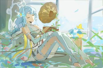 Rule 34 | 1girl, absurdres, ahoge, bada bam, bare shoulders, blue hair, bug, butterfly, closed eyes, closed mouth, commentary, elbow gloves, floating hair, formal clothes, gloves, highres, insect, knees up, long hair, screw hair ornament, seed (zenless zone zero), sitting, sketch, smile, solo, stirrup legwear, suit, toeless legwear, unfinished, white gloves, white suit, zenless zone zero
