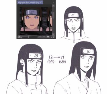 2boys age_comparison character_age commentary dual_persona forehead_protector frown greyscale headband hyuuga_neji il1023il jacket konohagakure_symbol male_focus monochrome multiple_boys naruto_(classic) naruto_(series) naruto_shippuuden open_mouth reference_inset screenshot_inset