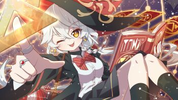 1girl ;d ahoge ankle_socks black_hat black_jacket black_skirt black_socks blue_archive book bow bowtie braid buttons card casting_spell constellation_print crossed_bangs earrings eri_(blue_archive) feet_out_of_frame gold_trim grey_hair grimoire hat hat_bow highres holding holding_book jacket jewelry knees_together_feet_apart l_hand light_blush medium_hair megitti multiple_rings one_eye_closed open_mouth red_bow red_bowtie ring shirt side_braid skirt smile socks solo star_(symbol) triangle_earrings white_shirt witch witch_hat yellow_eyes