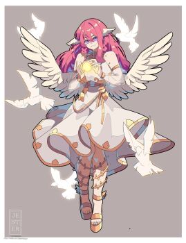 1girl angel animal_ears bare_shoulders bird bird_ears detached_sleeves dove dress feathered_wings full_body grey_background hair_between_eyes head_wings highres jesternalagon long_hair long_sleeves looking_at_viewer original pink_hair purple_eyes sandals simple_background smile solo watermark white_dress white_wings wings