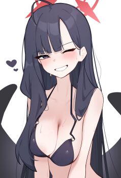 1girl absurdres bikini black_bikini black_hair black_wings blue_archive blush breasts commentary_request grey_eyes grin halo highres ichika_(blue_archive) ichika_(swimsuit)_(blue_archive) large_breasts long_hair official_alternate_costume one_eye_closed red_halo simple_background smile swimsuit white_background wings worimiru
