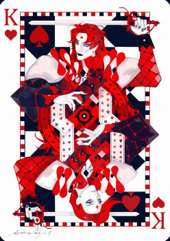 2boys absurdres aranloce black_nails club_(shape) commentary diamond_(shape) diavolo earrings english_commentary freckles highres holding holding_sword holding_weapon jewelry jojo_no_kimyou_na_bouken king_(playing_card) long_hair multiple_boys playing_card red_hair spade_(shape) stud_earrings sword vinegar_doppio weapon