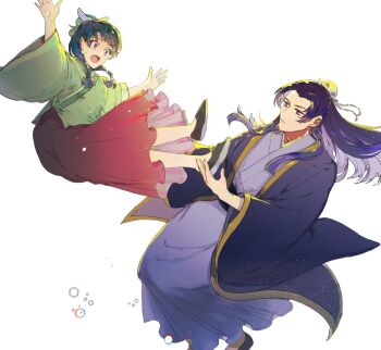 Rule 34 | 1boy, 1girl, black shoes, blue ribbon, blue robe, bun cover, chinese clothes, flats, gold trim, green hair, green shirt, hair bun, hair ribbon, half updo, hashtag-only commentary, jinshi (kusuriya no hitorigoto), kusuriya no hitorigoto, long skirt, maomao (kusuriya no hitorigoto), open mouth, parted bangs, purple hair, red skirt, ribbon, robe, shirt, shoes, sidelocks, skirt, sweatdrop, tapon1030, white background