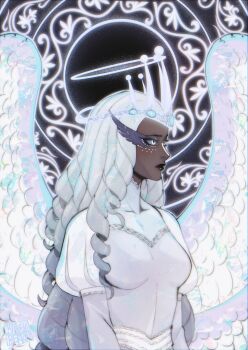 1girl absurdres angel angel_wings blackberreh-art commentary dark-skinned_female dark_skin dress feathered_wings hazbin_hotel hellaverse highres long_hair sera_(hazbin_hotel) solo symbol-only_commentary white_dress white_eyes white_hair wings