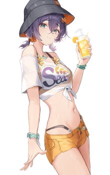 1girl absurdres bare_shoulders belle_(summer_skies)_(zenless_zone_zero) belle_(zenless_zone_zero) bikini black_hat blue_hair bracelet breasts bucket_hat closed_mouth commentary cowboy_shot cup drinking_straw earrings food fruit green_eyes hair_between_eyes hair_ornament hat highres holding holding_cup jewelry letter_hair_ornament looking_at_viewer medium_breasts navel off-shoulder_shirt off_shoulder orange_(fruit) orange_shorts orange_slice shirt short_hair shorts simple_background smile solo soriham stomach swimsuit thighs tied_shirt white_background white_shirt yellow_bikini zenless_zone_zero