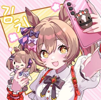 +_+ 1girl animal_ears argyle_bow bin_ze_u black_bow blush bow bowtie breasts brown_eyes brown_hair cellphone cellphone_charm center_frills character_doll charm_(object) commentary_request doll fang frills hair_between_eyes hair_bow hair_ornament highres holding holding_doll holding_phone horse_ears horse_girl medium_hair open_mouth outstretched_arm phone pink_bow puffy_short_sleeves puffy_sleeves purple_bow purple_bowtie purple_shirt sailor_collar sailor_shirt school_uniform selfie shirt short_sleeves skin_fang skirt smart_falcon_(love_4ever)_(umamusume) smart_falcon_(racehorse) smart_falcon_(umamusume) smile solo suspenders tracen_school_uniform twintails umamusume white_sailor_collar white_shirt white_skirt wrist_cuffs
