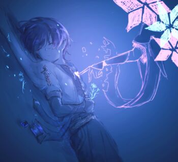 Rule 34 | 1boy, armor, black bodysuit, black bow, black sash, black shorts, blue background, blue cape, blue kimono, blunt ends, bodysuit, bow, bridal gauntlets, cape, clenched hand, closed eyes, closed mouth, clothing cutout, commentary, disembodied arm, disembodied hand, dutch angle, eyeliner, facing viewer, finger to another's chest, furisode, genshin impact, grey bridal gauntlets, hand on own stomach, heart, highres, hip vent, holding, japanese armor, japanese clothes, juban, kimono, kote, lying, makeup, male focus, mpginyuu, on back, open clothes, open kimono, red eyeliner, rope, sash, scaramouche (genshin impact), short sleeves, shorts, side cape, solo, unconscious, wanderer (genshin impact), watermark, white kimono, white sleeves