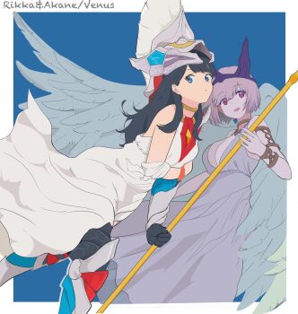 Rule 34 | 2girls, armor, bare shoulders, black hair, blue eyes, boots, breasts, cosplay, dress, gloves, gridman (character), gridman (ssss), gridman (ssss) (cosplay), gridman universe, gridman universe (movie), headgear, highres, holding, holding staff, large breasts, lensu (lotus36936936), long hair, looking at viewer, multiple girls, necktie, purple dress, purple hair, red eyes, shinjou akane, short hair, smile, ssss.gridman, staff, takarada rikka, white dress, wings