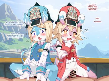 2boys 2girls @_@ aeval_(genshin_impact) bar_censor blue_fur blue_hat blue_jacket blue_vest blush bottomless censored closed_mouth commentary commission cum cum_in_pussy cum_overflow ejaculation elphane_(genshin_impact) english_commentary english_text furry furry_female genshin_impact group_sex hat jacket long_sleeves luxuriou_s melusine_(genshin_impact) multiple_boys multiple_girls navel open_mouth orange_eyes orgy paid_reward_available penis pink_fur purple_eyes pussy pussy_juice red_hat red_jacket red_vest sex stomach_bulge vaginal variant_set veins veiny_penis vest