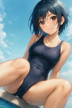 1girl ai-generated blue_hair brown_eyes cloud cloudy_sky highres kobayakawa_rinko looking_at_viewer love_plus short_hair sitting sky smile smiley_face solo swimsuit thighs wet
