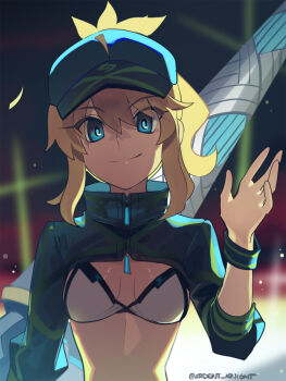 1girl ahoge artoria_pendragon_(fate) baseball_cap bikini blonde_hair blue_eyes blue_hat blue_shrug boa_(brianoa) breasts cleavage fate/grand_order fate_(series) hat lance large_breasts long_hair long_sleeves looking_at_viewer mysterious_heroine_xx_(fate) polearm ponytail shrug_(clothing) sidelocks smile solo swimsuit twinmyniad_(fate) weapon white_bikini wristband