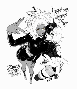Rule 34 | 2girls, black hair, breasts, commentary, dark-skinned female, dark skin, english commentary, foreshortening, gloves, green eyes, greyscale, highres, jules jagger (nyantcha), large breasts, looking at viewer, makeup, monochrome, multicolored hair, multiple girls, nyantcha, official art, open mouth, original, simple background, smile, split-color hair, thighs, tongue, tongue out, two-tone hair, white background, white hair, yorra villeneuve (nyantcha)