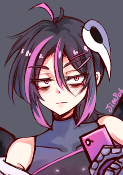 1girl absurdres animal_hands artist_name ava_(orc_massage) bare_shoulders black_background black_hair black_wings blush cellphone collarbone hair_between_eyes hair_ornament hairclip harpy highres holding holding_phone jimpu6 looking_at_viewer mask mask_on_head monster_girl multicolored_hair orc_massage phone pink_eyes pink_hair revision short_hair short_hair_with_long_locks sidelocks simple_background smartphone solo staring wings