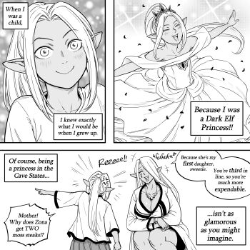 Rule 34 | 2girls, absurdres, aged down, anger vein, bb (baalbuddy), breasts, can't choose your own family, cleavage, dark-skinned female, dark elf, dark skin, dress, elf, facial tattoo, flat chest, greyscale, hair over one eye, highres, left-to-right manga, mature female, monochrome, mother and daughter, multiple girls, original, plunging neckline, pointy ears, ponytail, princess, queen vellathia, smile, solo focus, sparkle, spinning, squatting, strapless, strapless dress, tattoo, tiara, zana (dark elf stepsister)