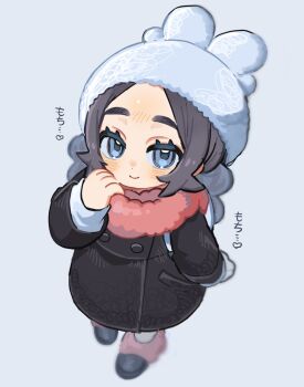1girl ansha_(pokemon) black_coat black_hair black_shoes blue_background blue_eyes blush coat hat heart highres looking_at_viewer nintendo pink_scarf pokemon pokemon_legends:_z-a q050_8m scarf shiny_forehead shoes smile thick_eyebrows white_hat