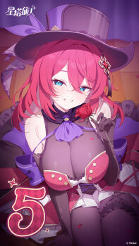 1girl absurdres bare_shoulders black_hat bodystocking breasts chinese_commentary cleavage commentary_request countdown deyui elbow_gloves flora_(stella_sora) flower frilled_thigh_strap gloves hair_ornament hand_up hat highres holding holding_flower large_breasts long_hair looking_at_viewer official_art parted_lips red_flower red_rose rose sitting smile solo stella_sora thigh_strap top_hat