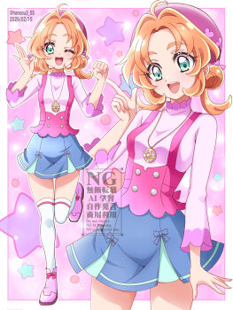 Rule 34 | 1girl, ;d, ahoge, akechi anna, artist name, backpack, bag, beret, blue skirt, blush, buttons, commentary request, dated, double-breasted, double bun, finger to mouth, green eyes, hair bun, hair intakes, hand up, hanzou, hat, highres, jewelry, leaning forward, light particles, long sleeves, looking at viewer, medium hair, meitantei precure!, miniskirt, one eye closed, open mouth, orange hair, parted bangs, pendant, pink background, pink shirt, pleated skirt, precure, purple bag, purple hat, randoseru, shirt, shushing, signature, skirt, smile, solo, standing, thighhighs, two-tone shirt, white thighhighs