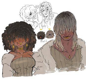 1boy 1girl animal_name big_hair black_hair breasts cleavage closed_mouth collarbone creature_and_personification dancho_no_mori dark-skinned_female dark-skinned_male dark_skin dog dreadlocks earrings gold_earrings gold_lips grey_hair hair_over_eyes hair_over_one_eye heart highres jewelry lips long_hair medium_breasts neck_ring necklace original personification puli short_hair simple_background smile star_(symbol) star_necklace tongue tongue_out white_background yellow_eyes
