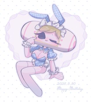 Rule 34 | 1girl, absurdres, animal ears, black eyes, blonde hair, blue leotard, blue sleeves, blush, breasts, commentary, dated, deformed, detached collar, detached sleeves, english commentary, fake animal ears, fake tail, finger to cheek, floating, frilled hairband, frilled leotard, frilled shirt, frilled sleeves, frilled wrist cuffs, frills, hairband, happy birthday, heart, heart background, highres, index finger raised, katamari damacy, large breasts, leotard, long eyelashes, one eye closed, plaid clothes, plaid leotard, plaid sleeves, playboy bunny, puffy detached sleeves, puffy sleeves, queen of all cosmos, rabbit ears, rabbit tail, shirt, solo, tail, thighhighs, tongue, tongue out, umm15, white background, white thighhighs, wrist cuffs