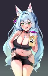 1girl animal_ear_fluff animal_ears animated ass bare_shoulders black_choker black_collar black_shirt black_shorts blinking blue_hair bouncing bouncing_breasts bra braid breasts choker cleavage clothing_cutout collar collarbone crop_top cup ear_wiggle eyelashes fang female_focus fox fox_ears fox_girl fox_tail foxyreine gluteal_fold gradient_background green_eyes grey_background groin hair_between_eyes hair_intakes hand_on_own_hip hip_vent holding holding_cup jewelry jiggle large_breasts light_blue_hair long_hair looking_at_viewer looping_animation lowres midriff navel necklace one_eye_closed open_clothes open_mouth open_shorts original pants raised_eyebrows revealing_clothes shirt short short_shorts shorts sideless_outfit simple_background skindentation sleeveless sleeveless_shirt smile solo solo_focus sports_bra sportswear standing stomach tagme tail tank_top teeth thigh_gap thighs underwear upper_teeth_only very_long_hair video wink zipper zipper_pull_tab