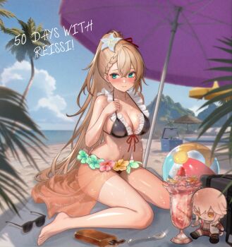 1girl absurdres aqua_eyes art_undertaker barefoot beach beach_mat beach_umbrella bikini black_bikini blue_sky blurry blush braid braided_bangs breasts centaureissi_(girls&#039;_frontline_2) character_doll cleavage closed_mouth cloud cloudy_sky commentary_request crossed_bangs day depth_of_field doll english_text flower food frilled_bikini frills g36_(50_days_with_g36)_(girls&#039;_frontline) g36_(girls&#039;_frontline) girls&#039;_frontline girls&#039;_frontline_2:_exilium groza_(girls&#039;_frontline_2) hair_between_eyes hair_flower hair_ornament highres ice_cream korean_commentary long_hair maid maid_bikini medium_breasts ocean official_alternate_costume official_alternate_hairstyle orange_sarong ots-14_(girls&#039;_frontline) purple_umbrella sarong sitting sky solo spoon sundae sunglasses swimsuit thighs toes umbrella unconventional_maid unworn_eyewear very_long_hair wariza wet white_flower