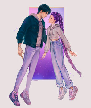 1boy 1girl artist_name asayris_art black_hair black_jacket body_markings border braid breasts cropped_hoodie floating_hair full_body grey_hoodie grey_pants grey_shorts hood hood_down hoodie jacket jacket_over_hoodie jinu_(kpop_demon_hunters) kpop_demon_hunters long_hair looking_at_another male_focus medium_breasts midriff pants pants_rolled_up purple_background purple_hair rumi_(kpop_demon_hunters) shirt shoes short_hair shorts single_braid sneakers turtleneck very_long_hair white_border white_shirt