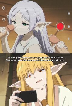 2boys 2girls cum cum_on_body cum_on_ears double_handjob english_text facial frieren handjob highres multiple_boys multiple_girls phone pointy_ears recording sousou_no_frieren vaamos