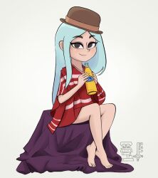 Rule 34 | 1girl, alternate costume, andrea davenport, bare legs, barefoot, blue hair, bottle, brown eyes, brown hat, freckles, hat, light blue hair, long hair, looking at viewer, multicolored hair, sitting, smile, solo, streaked hair, the ghost and molly mcgee, user cxfn3824